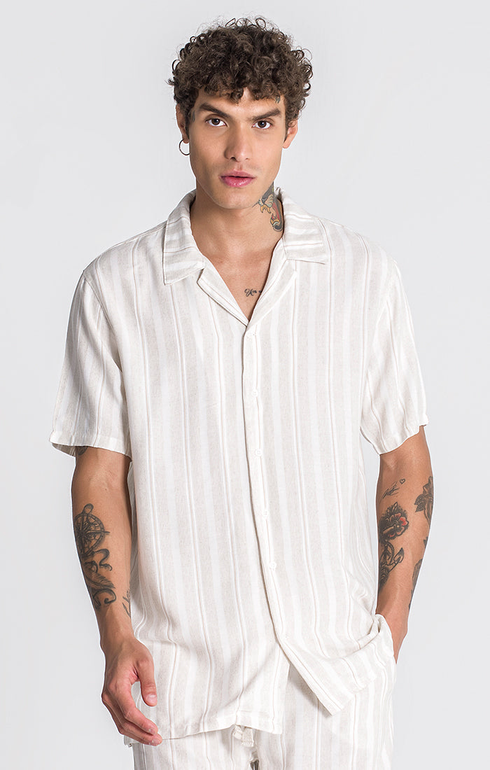 Beige Linen Striped Hawaiian Shirt